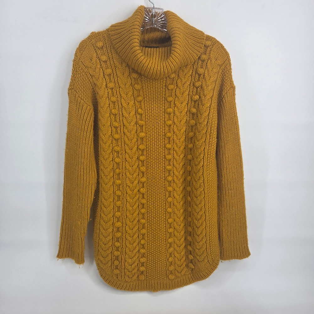 Talbots Turtleneck Sweater M Mustard Yellow Cable Knit Pom Pom Boho Eclectic